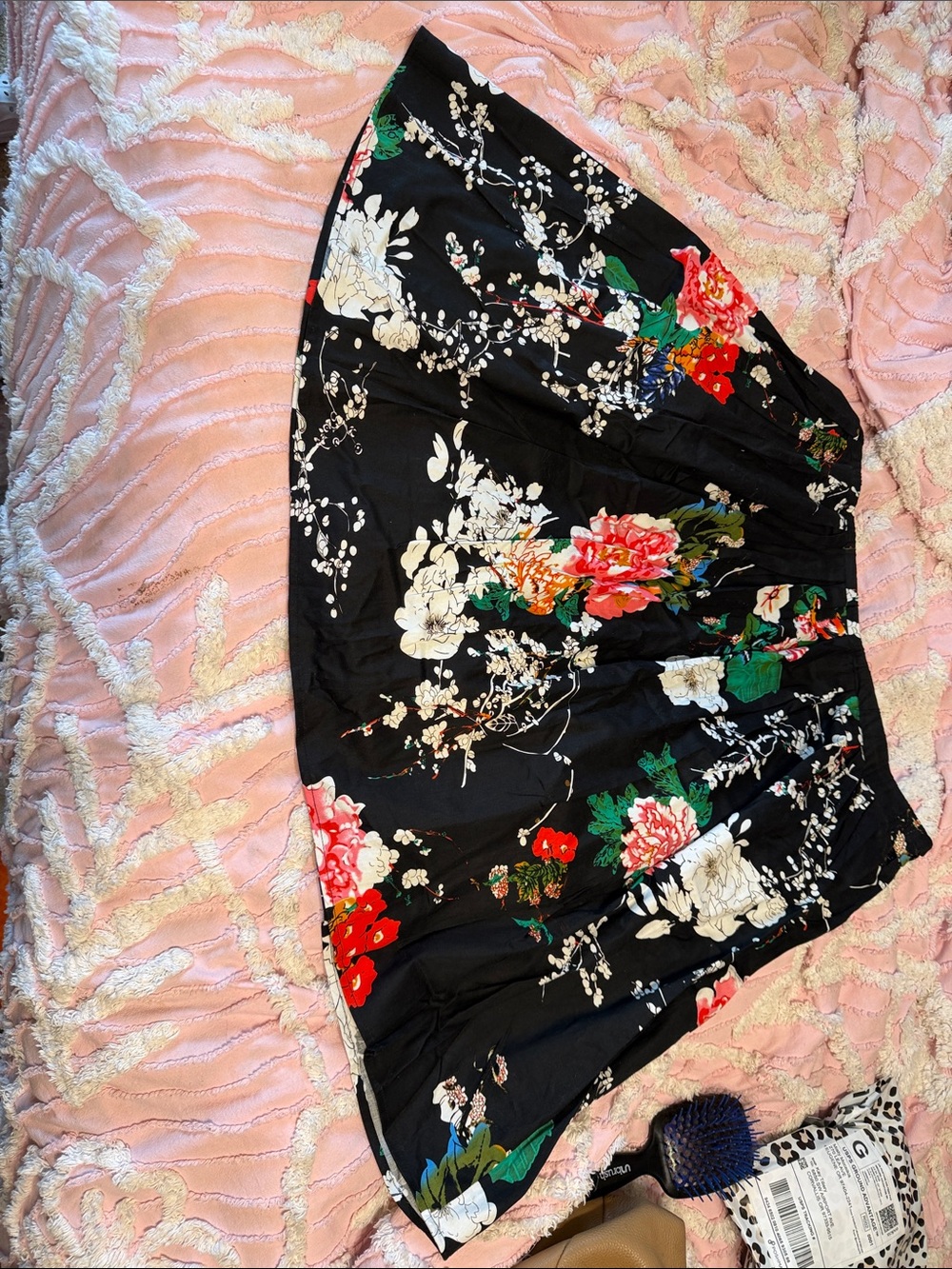 Black Floral Circle Skirt with Red and White Blooms